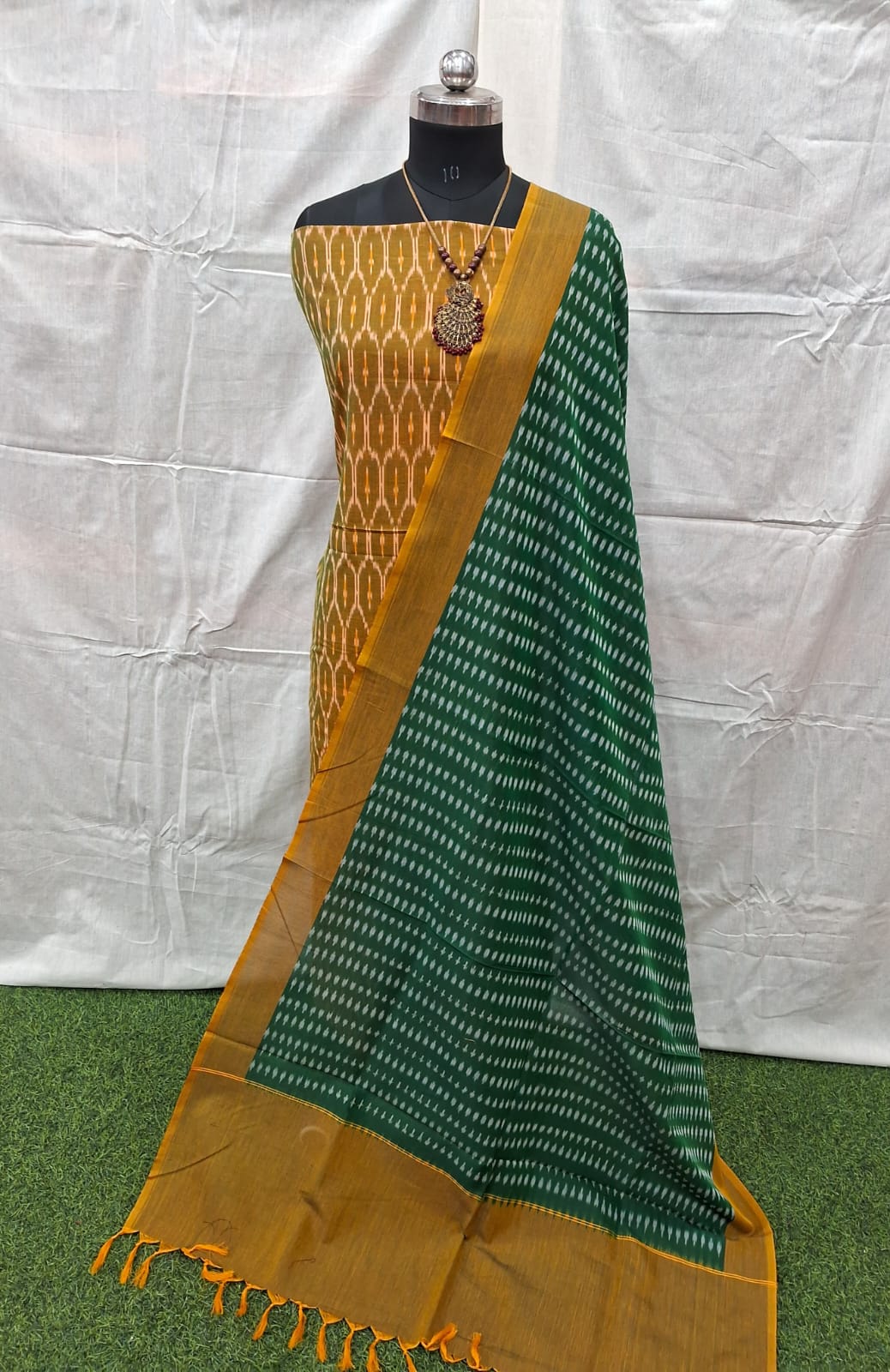 Mustard Cotton Ikat Dress Material – Handcrafted Fabric for Wholesale Boutiques & Designers